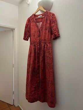 Sea Red Floral Maxi Dress with Button Front
